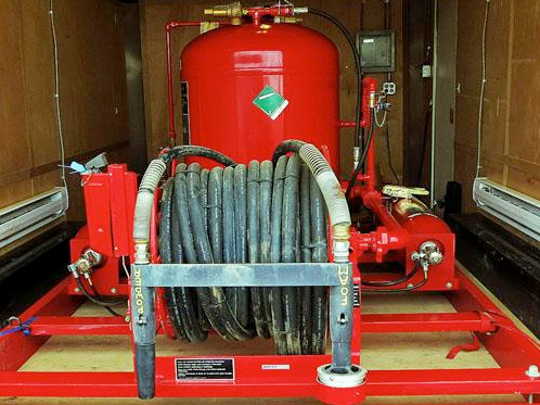 A red firefighting shower unit.