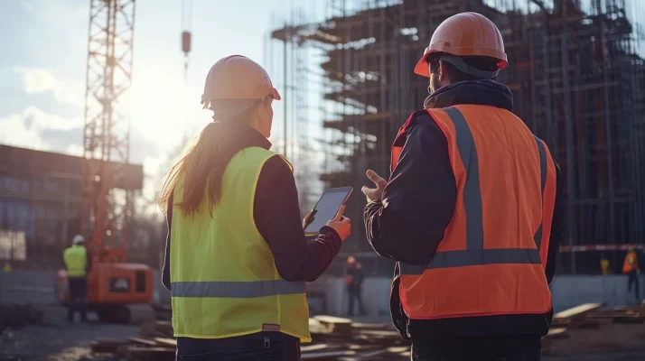 Two construction workers wearing safety helmets and vests, one holding a tablet, standing at a construction site with a building framework in the background during sunset.