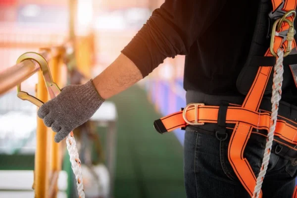 Worker wearing a safety harness and gloves, securing a lanyard to a guardrail as part of a fall protection system on an elevated worksite.