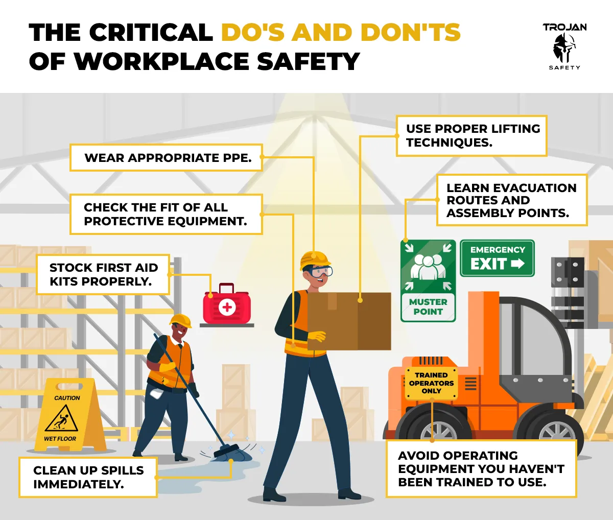 Infographic titled 'The Critical Do's and Don'ts of Workplace Safety' showing workers in a warehouse environment following key safety practices.
