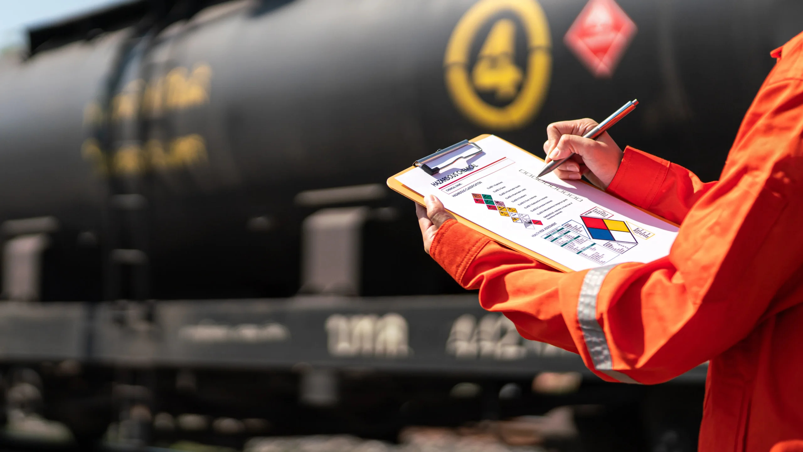 Industrial worker conducting a hazardous materials safety assessment with a checklist in front of a rail tanker
