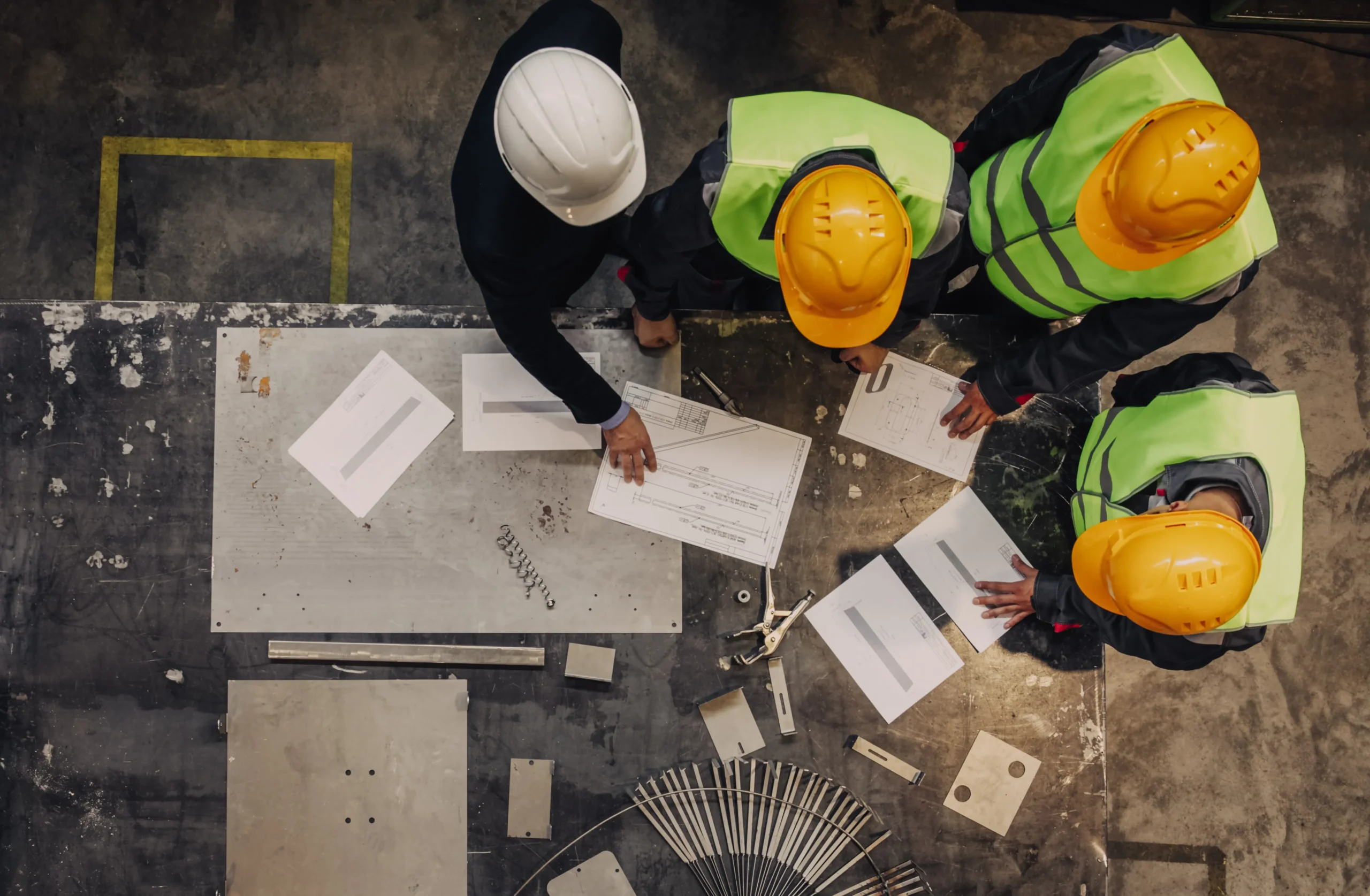 Top view of industrial workers in safety vests and helmets discussing plans at a construction site