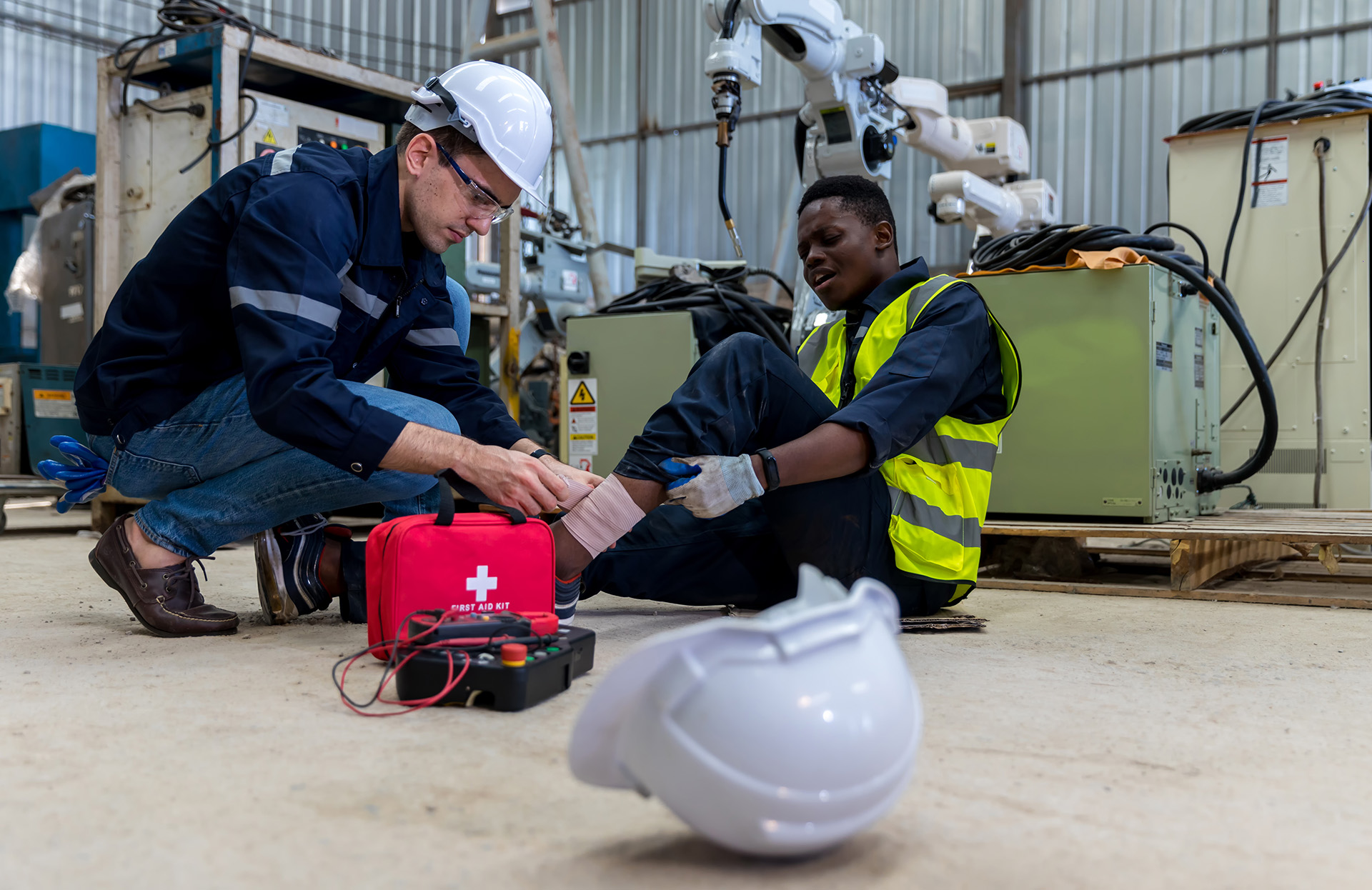 Industrial worker applying first aid to colleague’s injured ankle on factory floor with first aid kit and machinery in background.