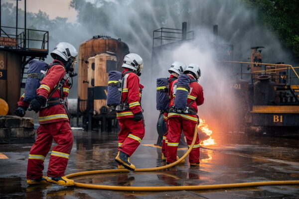 Industrial firefighters in breathing apparatus responding to a fire at an industrial facility.